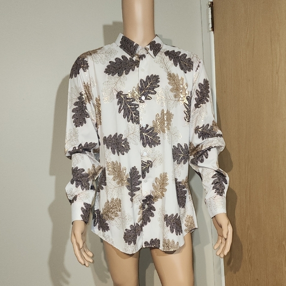 Gold and White Casual Button Down Shirt with Nature-Inspired Design - Picture 1 of 8